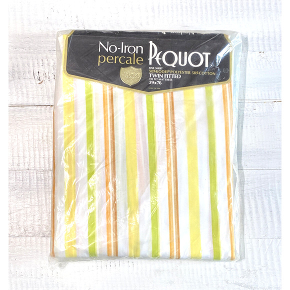 Vintage 1960s New Pequot Percale Twin Fitted Sheet Aurora Stripe Orange Yellow - Picture 1 of 12